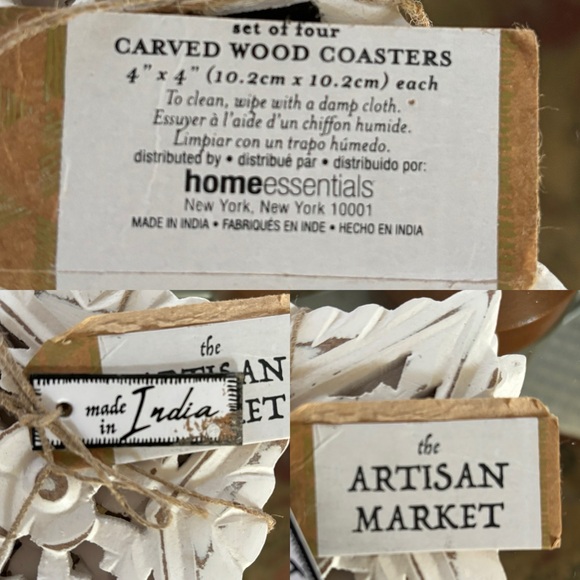The Artisan Market Set of 4 Carved Wood Coasters Ivory - Picture 6 of 6